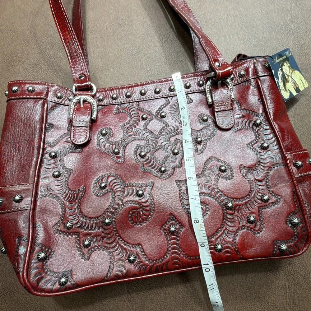 Vintage AMERICAN WEST Shoulder Bag STUDDED Rich Burgundy Red Leather Purse New!!